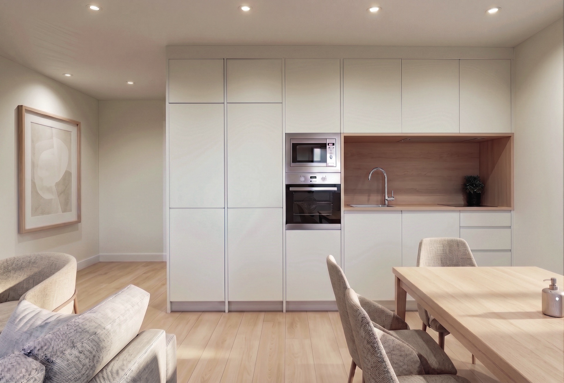Render de la cocina de una vivienda de Jerónimo del Moral