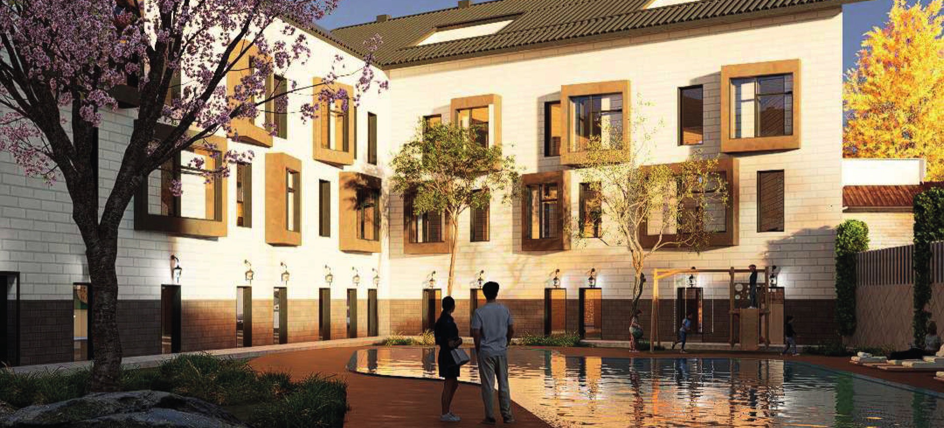 Render del patio con piscina de la promoción Jerónimo del Moral en Ciempozuelos