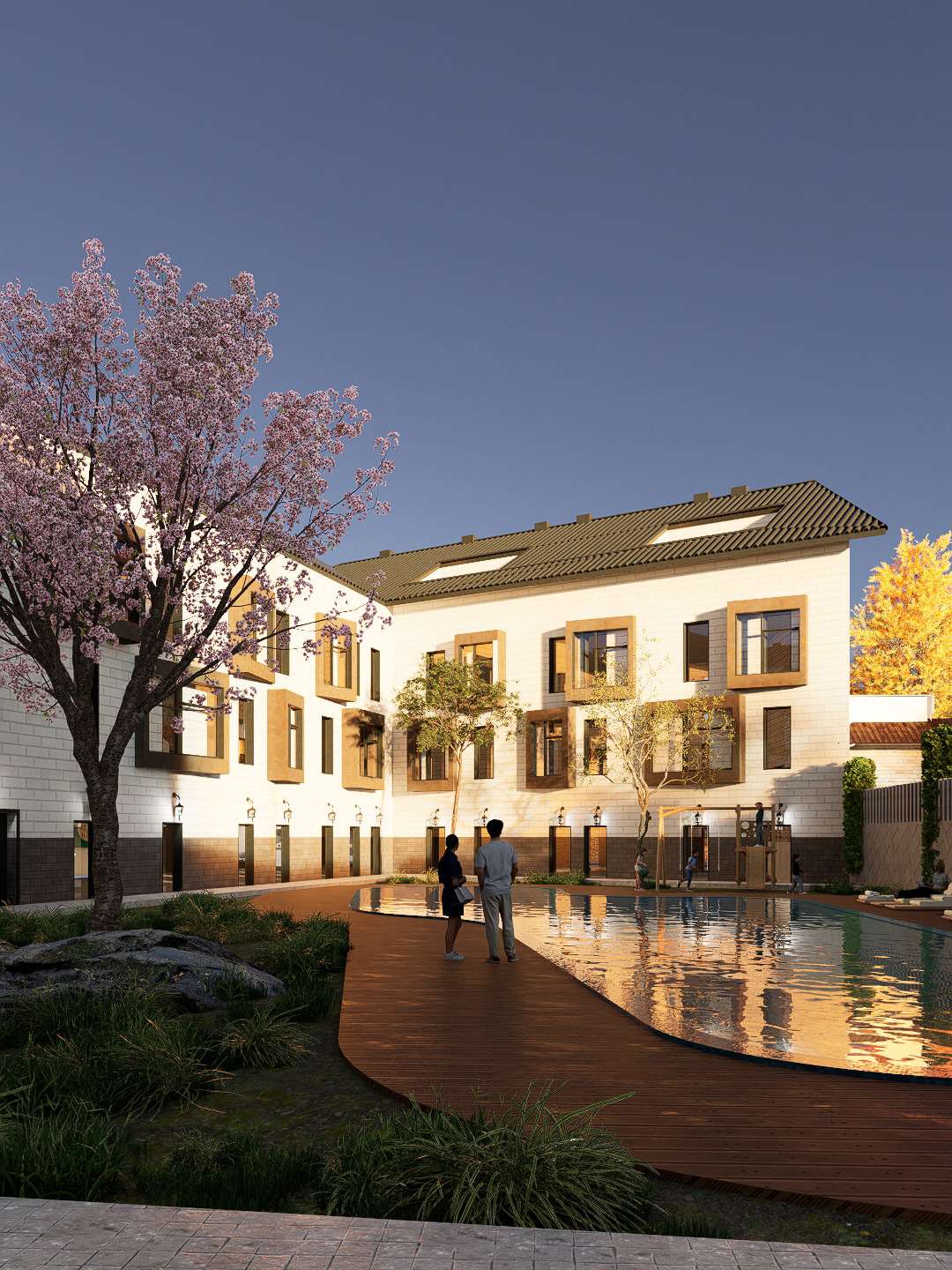 Render del patio con piscina y árbol en flor de Jerónimo del Moral