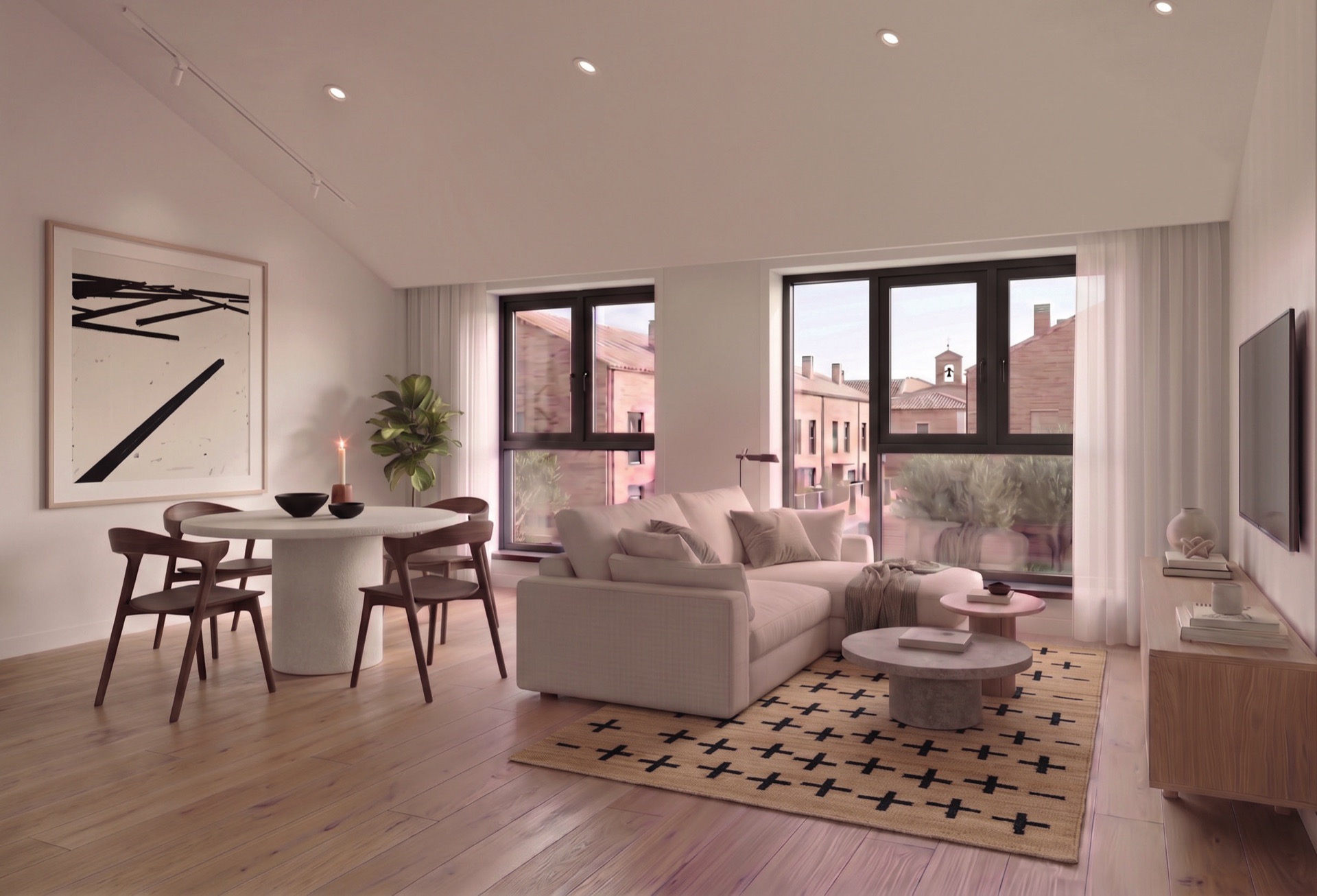 Render del salón abuhardillado de una vivienda de Jerónimo del Moral
