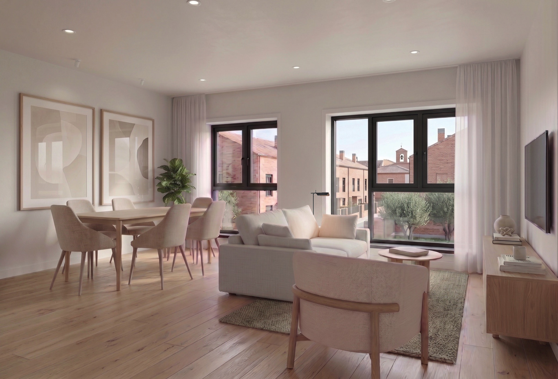 Render del salón comedor de una vivienda de Jerónimo del Moral